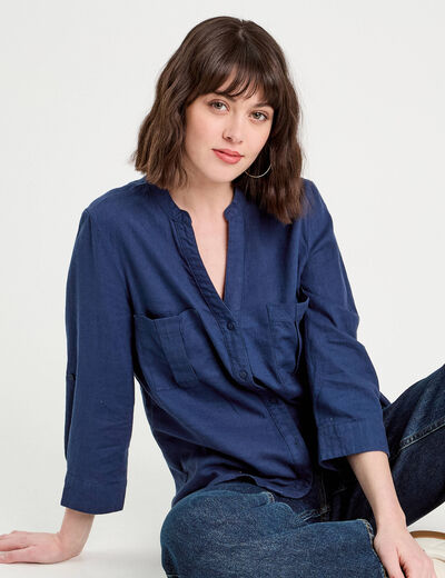 Chemise manches 3/4 contenant du lin bleu foncé femme