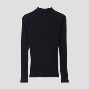 T-shirt côtelé col montant noir femme