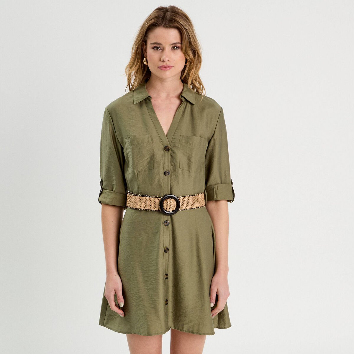 Robe chemise trapèze ceinturée vert kaki femme