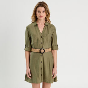 Robe chemise trapèze ceinturée vert kaki femme