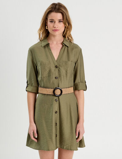 Robe chemise trapèze ceinturée vert kaki femme