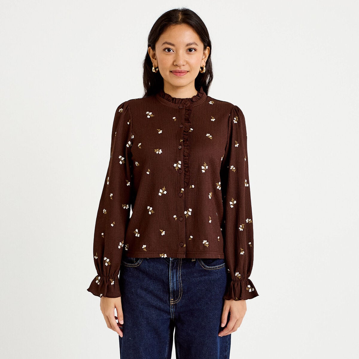 Chemise droite broderie manches longues marron fonc&eacute; femme