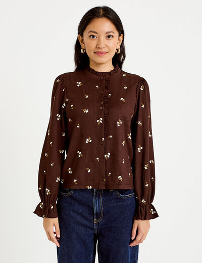 Chemise droite broderie manches longues marron fonc&eacute; femme