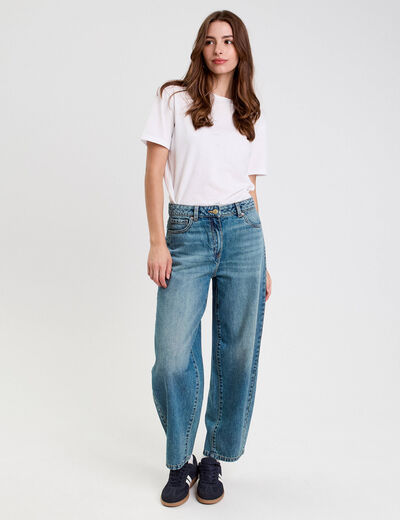 Jean barrel cropped taille standard denim double stone femme
