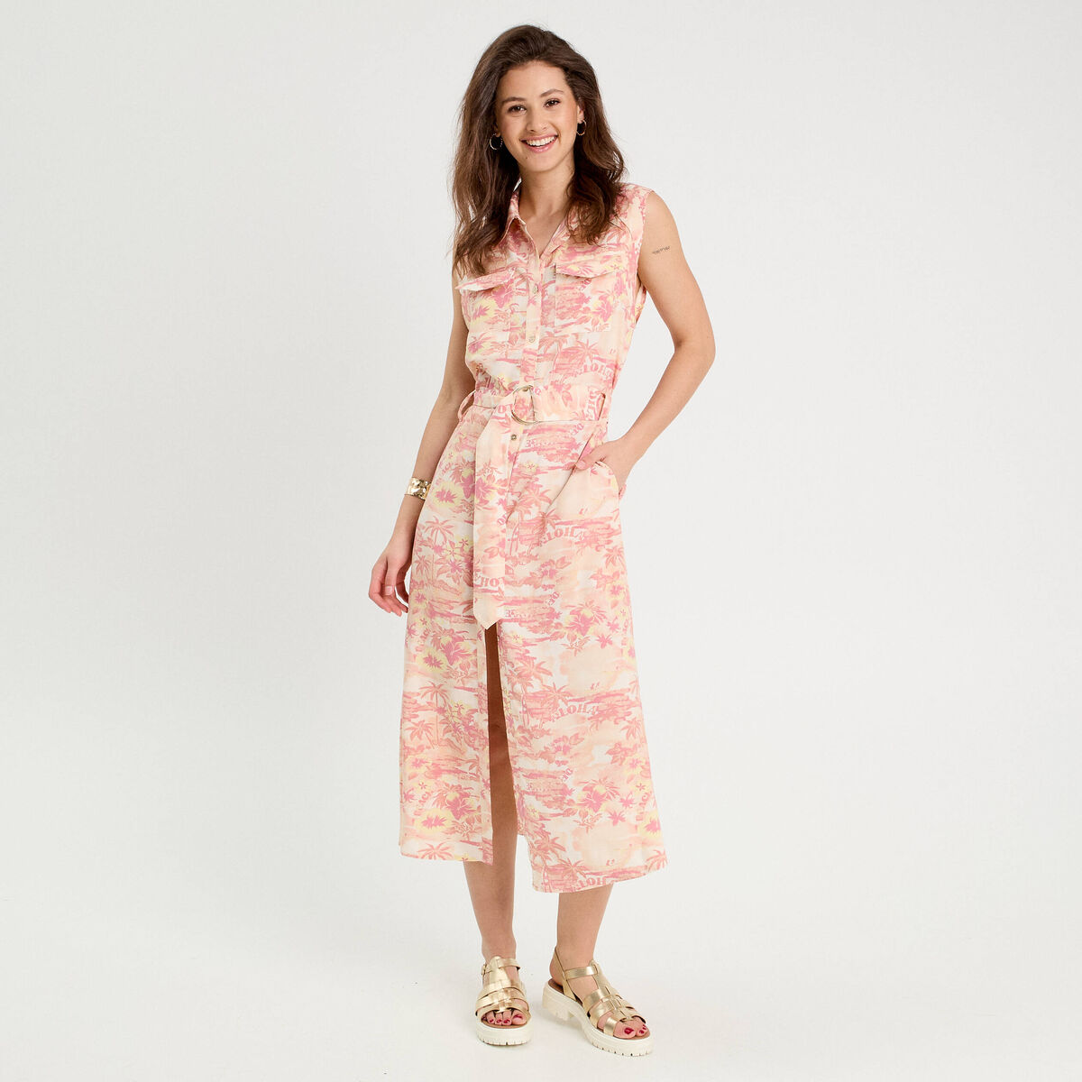 Robe chemise évasée beige femme