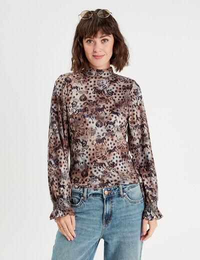 T-shirt col montant marron femme