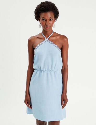 Robe évasée bretelles nouées denim bleach femme