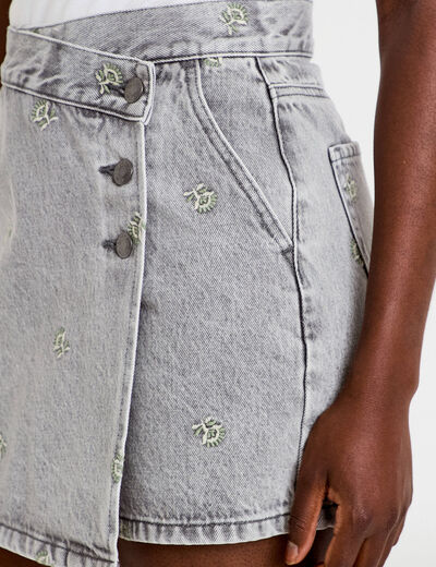 Jupe-short trap&egrave;ze courte taille haute denim gris femme