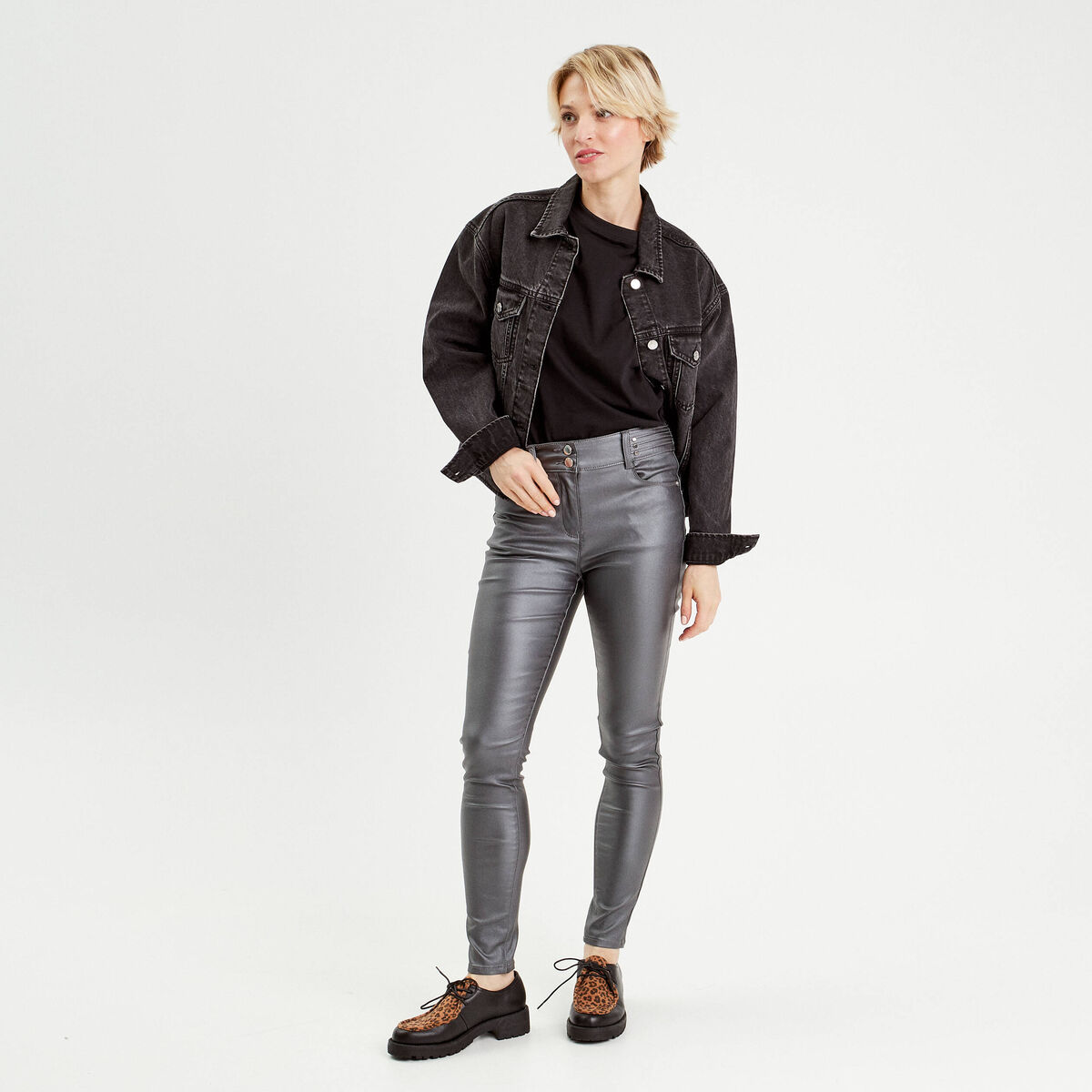 Pantalon skinny enduit gris foncé femme