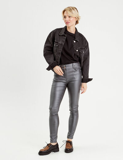Pantalon skinny enduit gris foncé femme