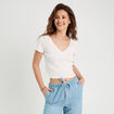 T-shirt côtelé manches courtes blanc femme