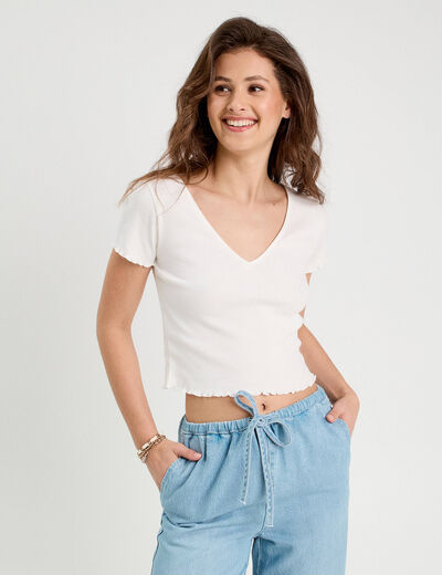 T-shirt côtelé manches courtes blanc femme