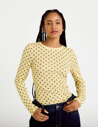 T-shirt ajust&eacute; col rond manches longues jaune clair femme
