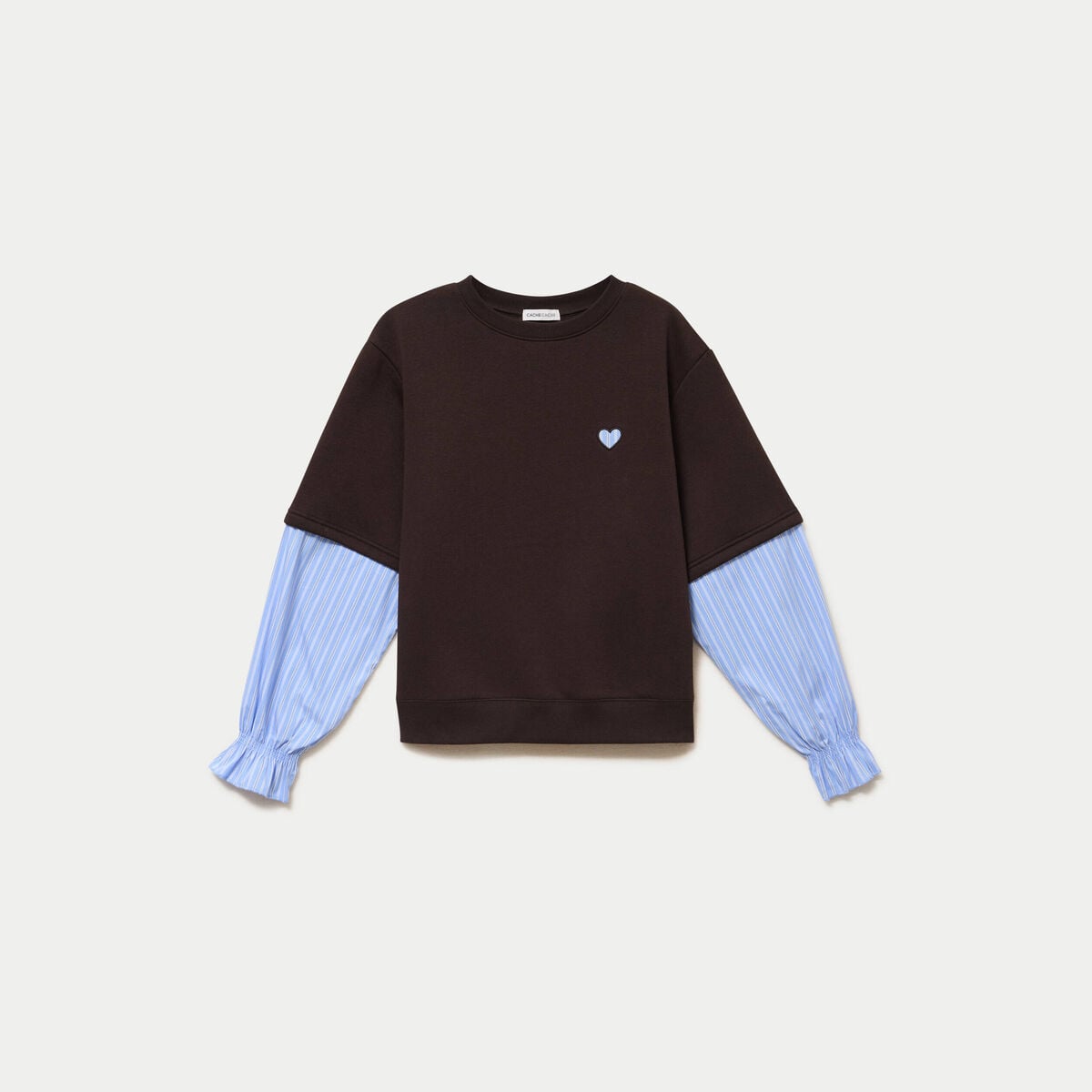 Sweat bi-mati&egrave;re manches longues marron fonc&eacute; femme