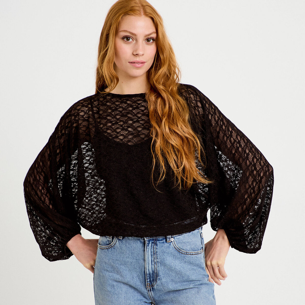 Blouse dentelle col rond manches longues noir femme