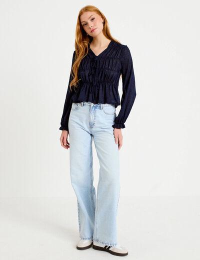 Blouse ajust&eacute;e col v dentelle pliss&eacute;e bleu marine femme