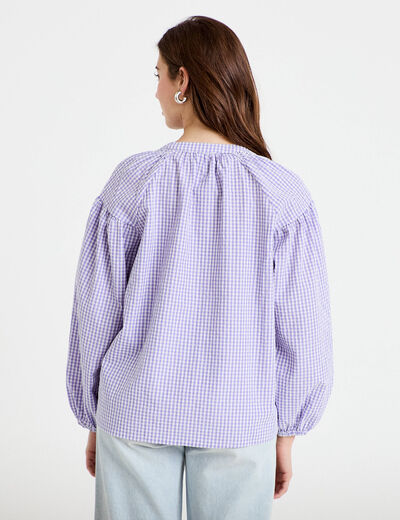 Blouse vichy brod&eacute;e violet femme