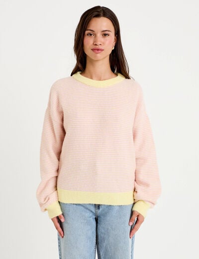 Pull ample col rond manches longues rose clair femme