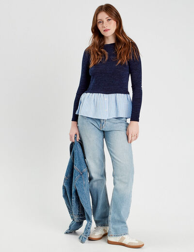 Pull effet 2-en-1 chemise bleu marine femme