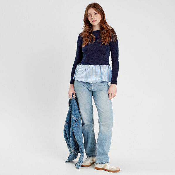 pull effet 2 en 1 chemise bleu marine femme Pull effet 2-en-1 chemise bleu marine femme