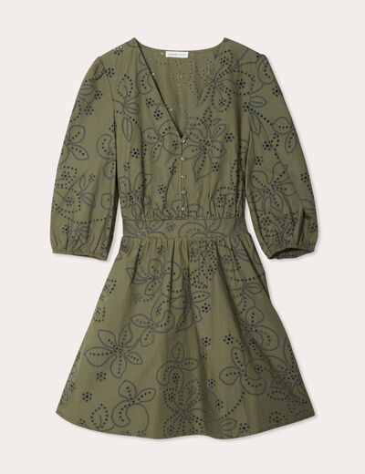 Robe évasée brodée vert kaki femme