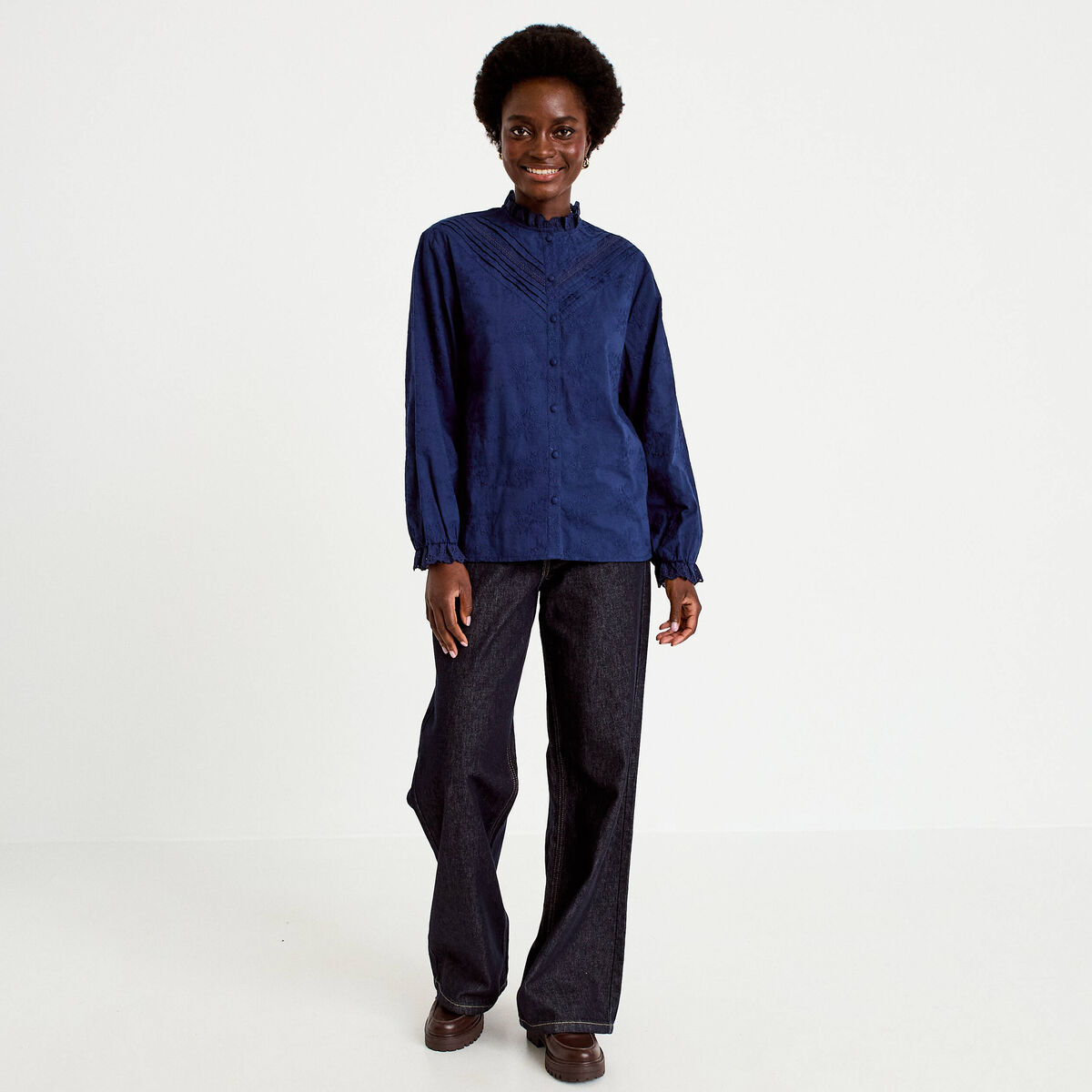Blouse ample col montant manches longues bleu marine femme