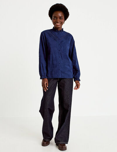 Blouse ample col montant manches longues bleu marine femme