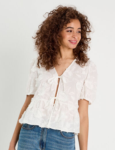 Blouse manches courtes noeuds ecru femme