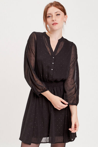 Robe évasée manches longues noir femme