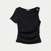 Top one shoulder pliss&eacute; manches courtes noir femme