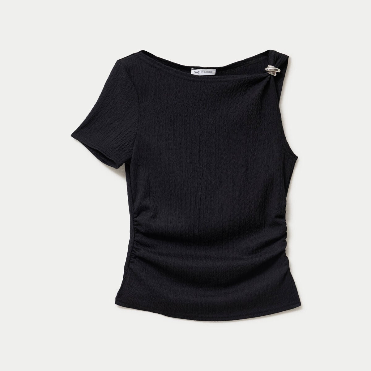 Top one shoulder pliss&eacute; manches courtes noir femme
