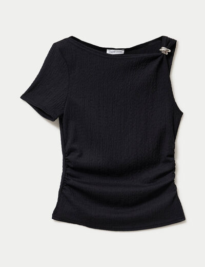 Top one shoulder pliss&eacute; manches courtes noir femme