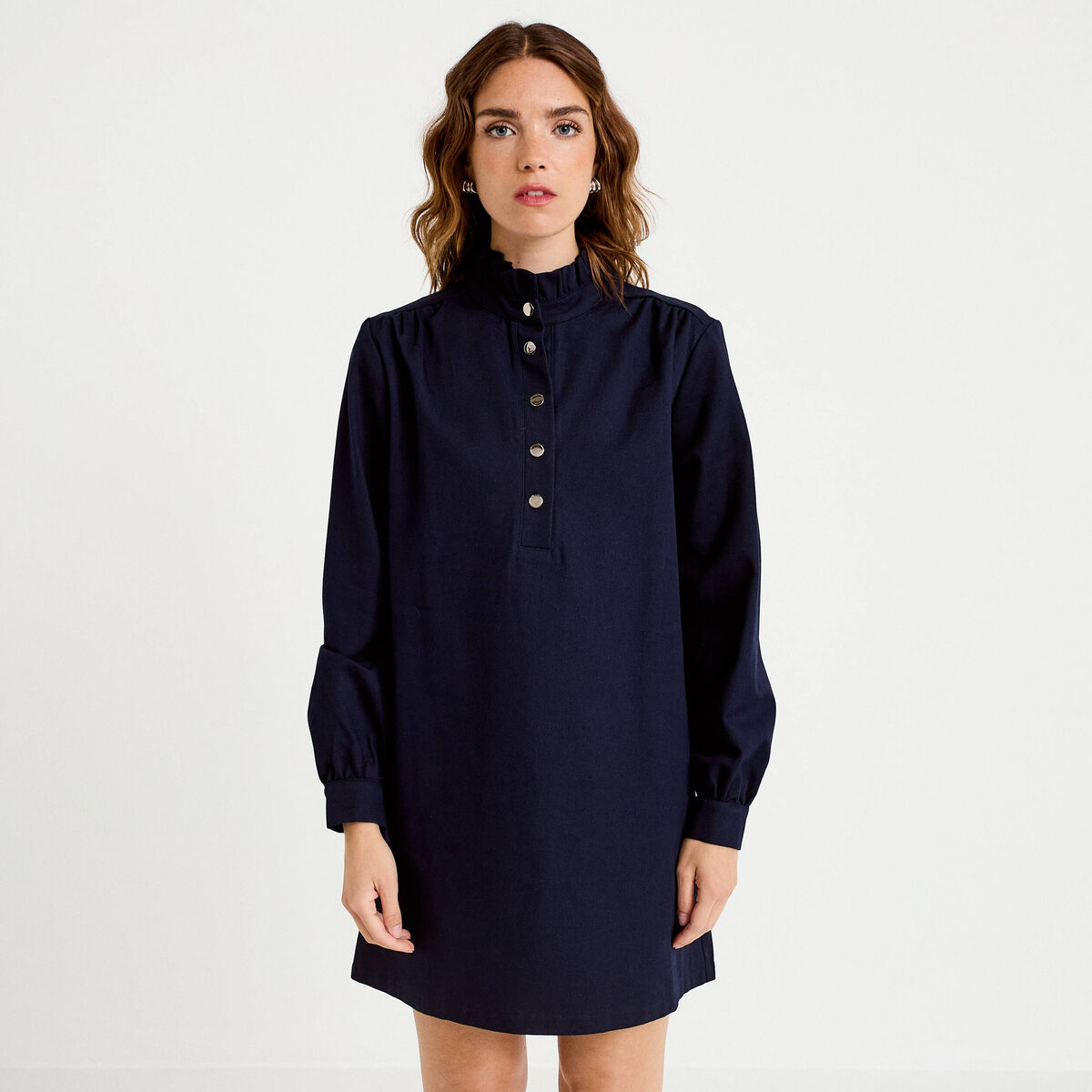 Robe droite col chemise manches longues bleu marine femme