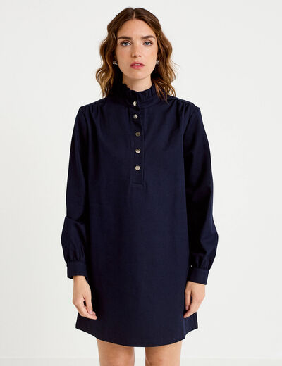 Robe droite col chemise manches longues bleu marine femme