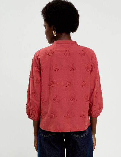 Blouse brod&eacute;e col mao manches 3/4 vieux rose femme