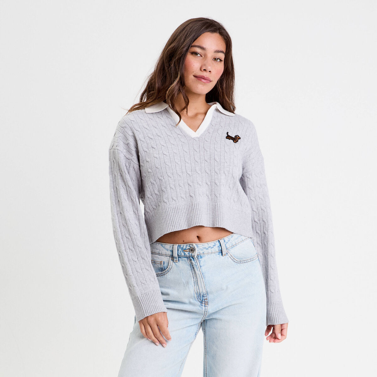 Pull manches longues col polo gris clair femme