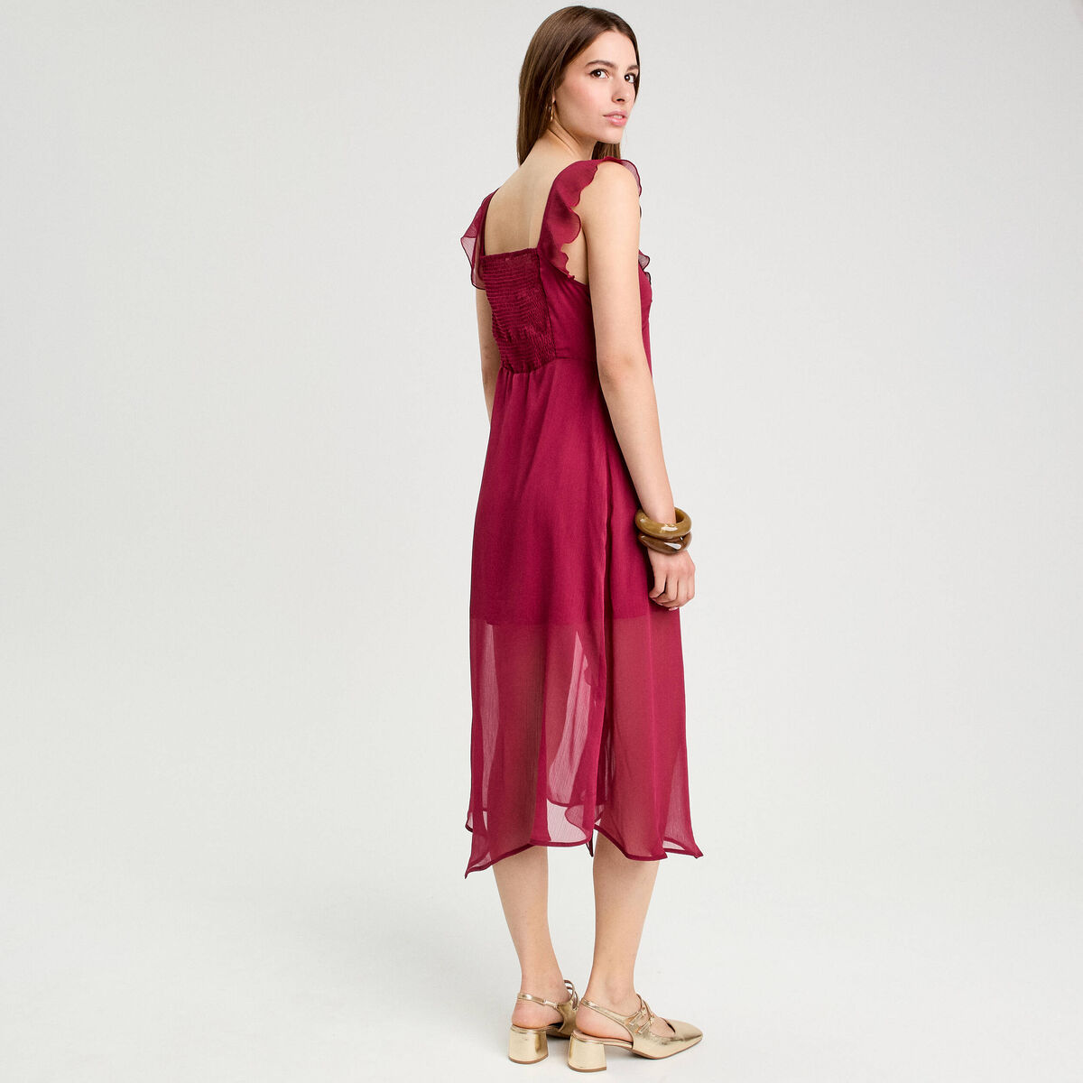 Robe longue évasée volants bordeaux femme
