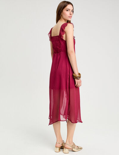 Robe longue évasée volants bordeaux femme