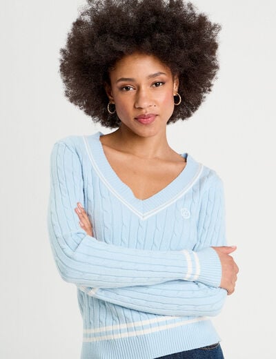 Pull manches longues torsades bleu pastel femme