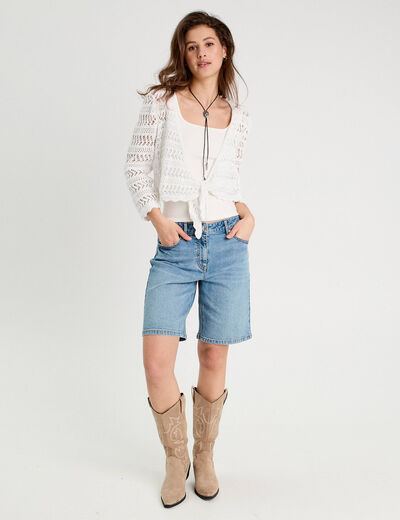 Gilet manches 3/4 ajouré blanc femme