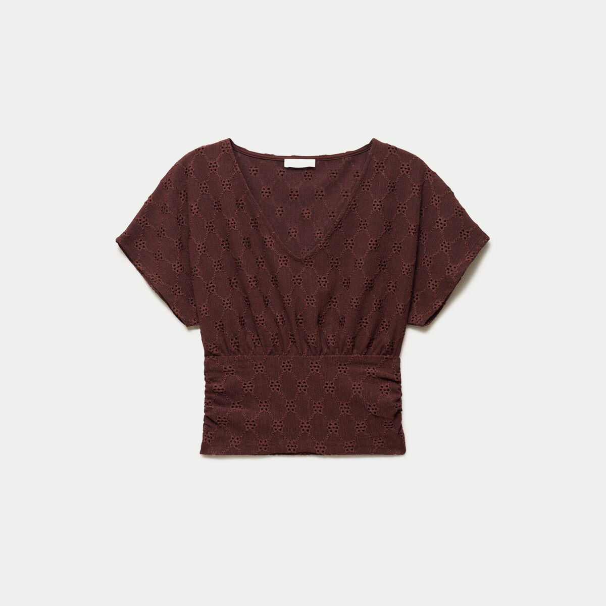 T-shirt ajour&eacute; col v manches courtes marron femme