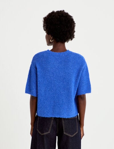 Pull col rond manches courtes bleu electrique femme