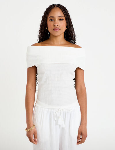 Top col bardot ecru femme