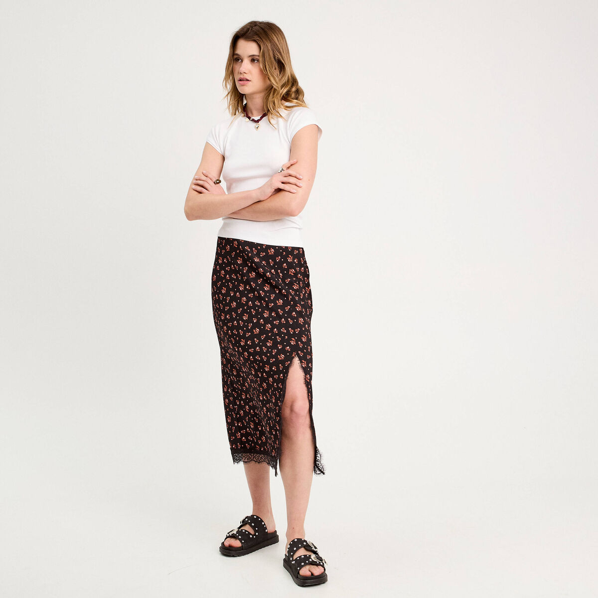 Jupe midi droite fendue noir femme