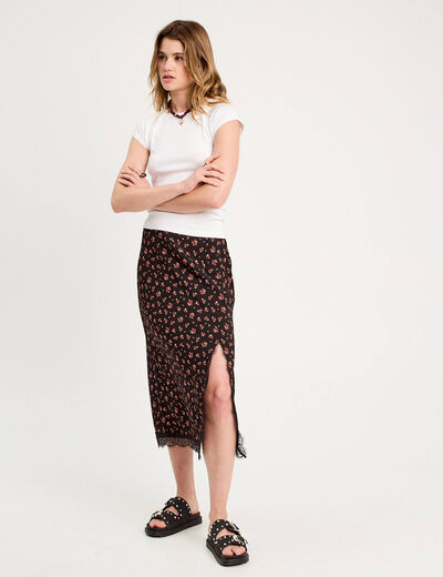 Jupe midi droite fendue noir femme