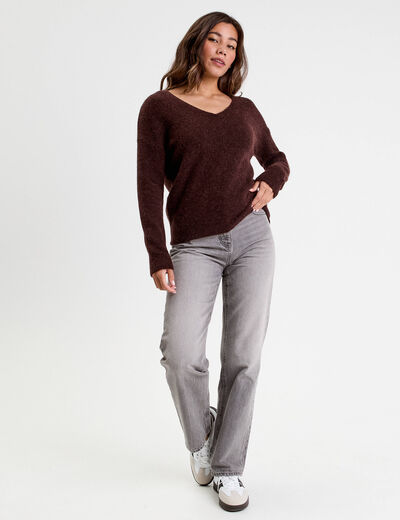 Pull avec col en V marron foncé femme