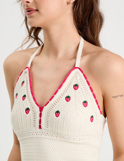 Crop top tricot brodé ecru femme