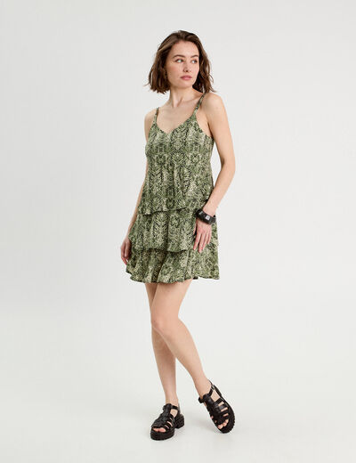 Robe évasée volants vert kaki femme