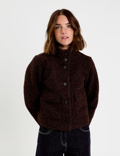 Veste col montant manches longues marron fonc&eacute; femme