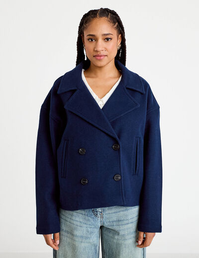 Caban court oversize col tailleur bleu marine femme